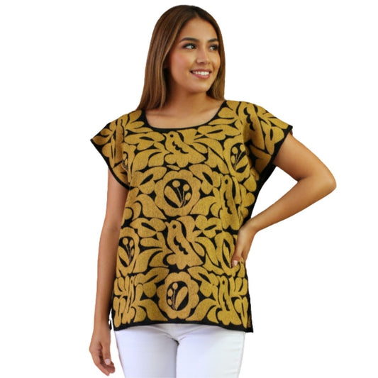 Blusa Bordada a Mano Negro con Mostaza Mod. Jalapa Unitalla.