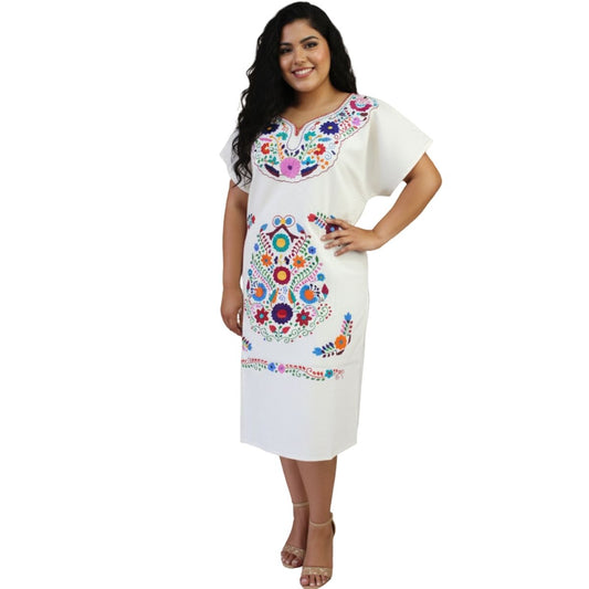 Vestido Mexicano Manta Bordado a Mano Mod. Kimono