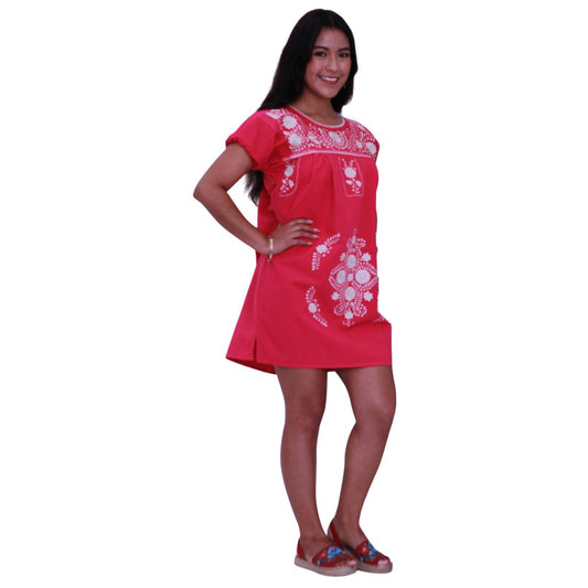 Vestido Corto Mexicano Bordado a Mano Manta Fiusha