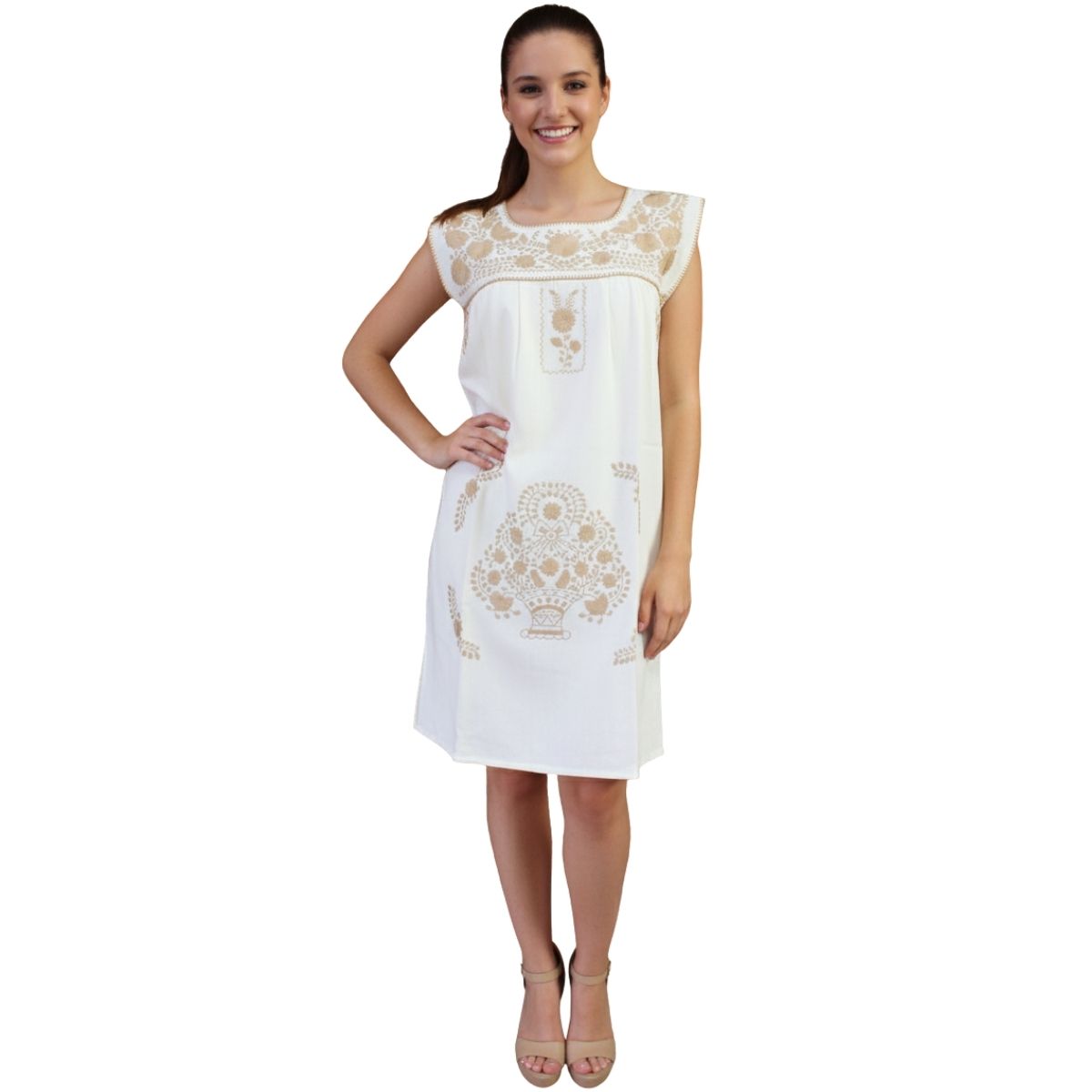 Vestido Mexicano Corto Bordado a Mano Sin Manga Talla Chica