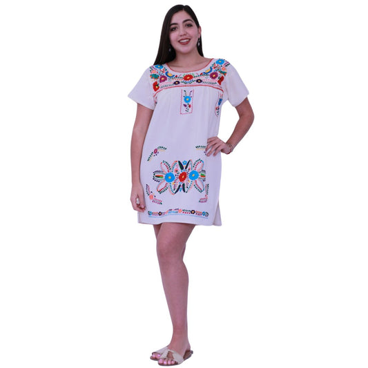 Minivestido Mexicano Bordado a Mano Multicolor Manta