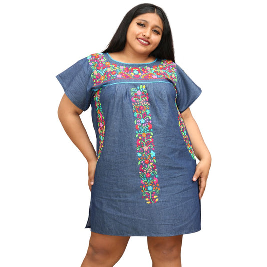 Vestido Mexicano Bordado a Mano Mod. Florecita Mezclilla
