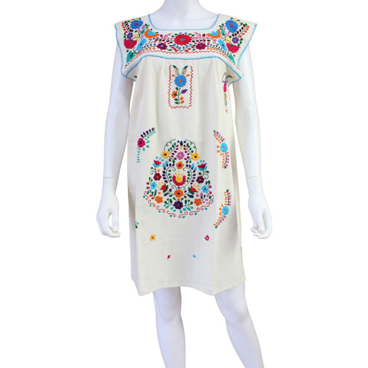 Vestido Mexicano Corto Bordado a Mano Sin Manga Talla Chica