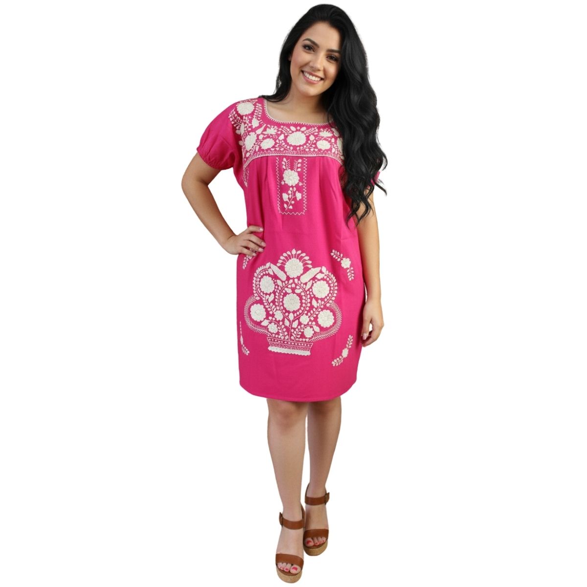 Vestido Corto Mexicano Bordado a Mano Manta Fiusha