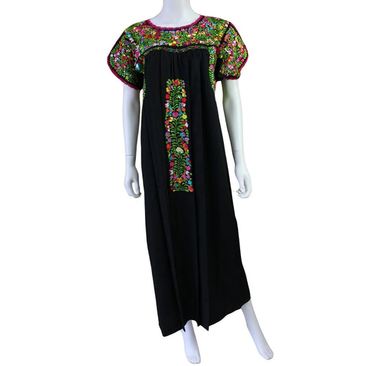 Vestido Bordado a Mano Negro con Multicolor Mod. San Antonino Unitalla.