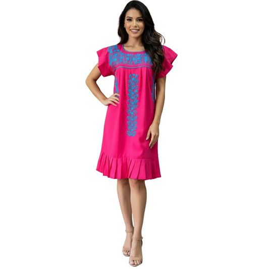 Vestido Mexicano Bordado a Mano Mod. Orquidea Popelina Talla Chica. (Multicolores)