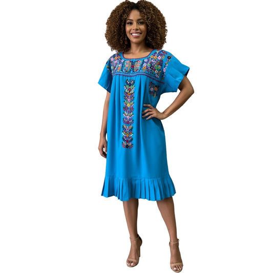 Vestido Mexicano Bordado a Mano Mod. Orquidea Popelina Talla M. (Multicolores)
