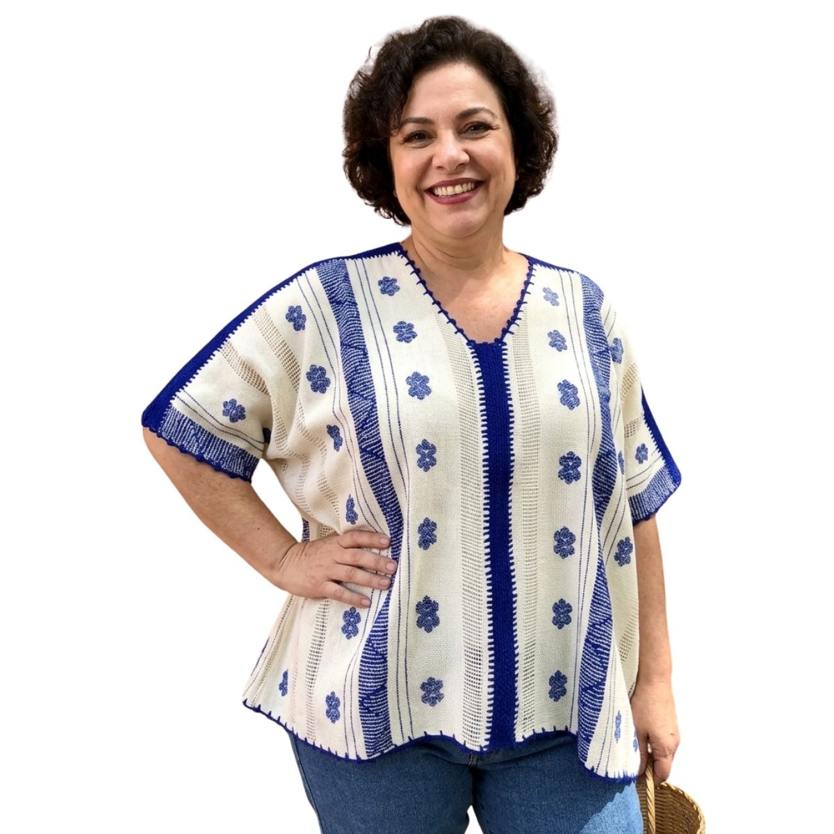 Blusa/Blusón Hecha en Telar Mod. Paloma Beige con Azul Rey Unitalla.