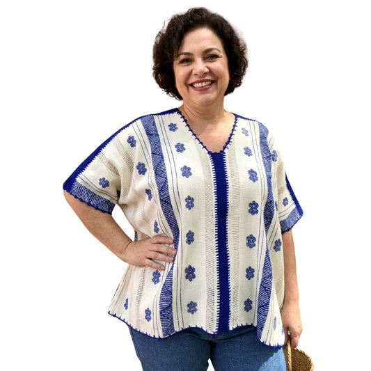 Blusa/Blusón Hecha en Telar Mod. Paloma Beige con Azul Rey Unitalla.
