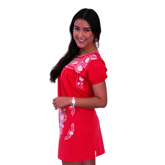 Vestido Corto Mexicano Bordado a Mano Manta Fiusha