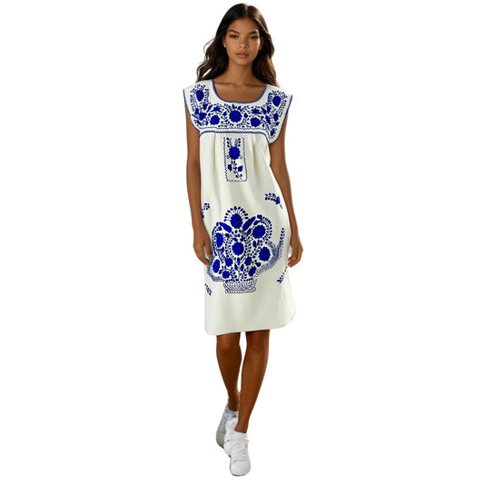 Vestido Mexicano Corto Bordado a Mano Sin Manga Talla M