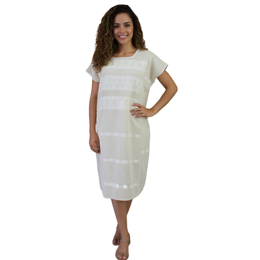 Vestido Hecho a Mano Mod. Amuzgo Beige con Blanco Unitalla.