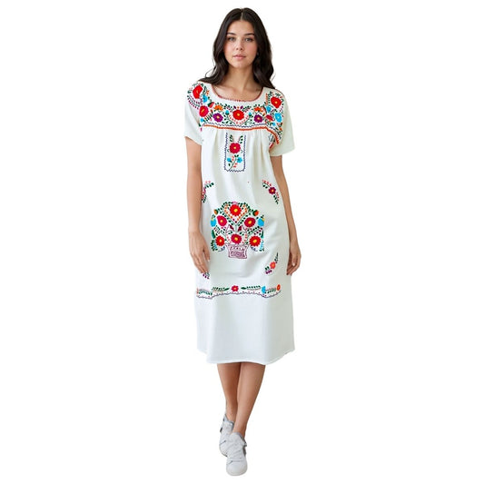 Vestido Mexicano Manta Bordado a Mano Talla Chica
