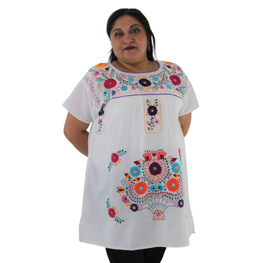 Minivestido Mexicano Bordado a Mano Multicolor/Popelina T-L