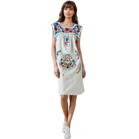 Vestido Mexicano Corto Bordado a Mano Sin Manga Talla Chica