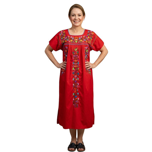 Vestido Mexicano Bordado a Mano Mod. Florecita Popelina Talla Mediana