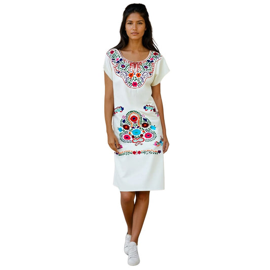 Vestido Mexicano Manta Bordado a Mano Mod. Kimono