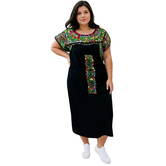 Vestido Bordado a Mano Negro con Multicolor Mod. San Antonino Unitalla.