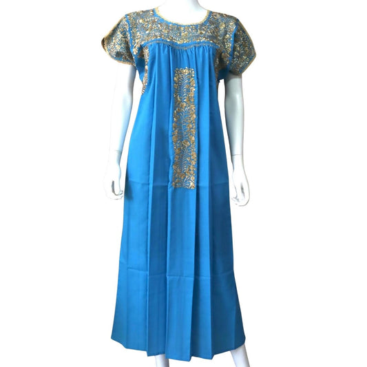Vestido Bordado a Mano Turquesa con Dorado Mod. San Antonino Unitalla.