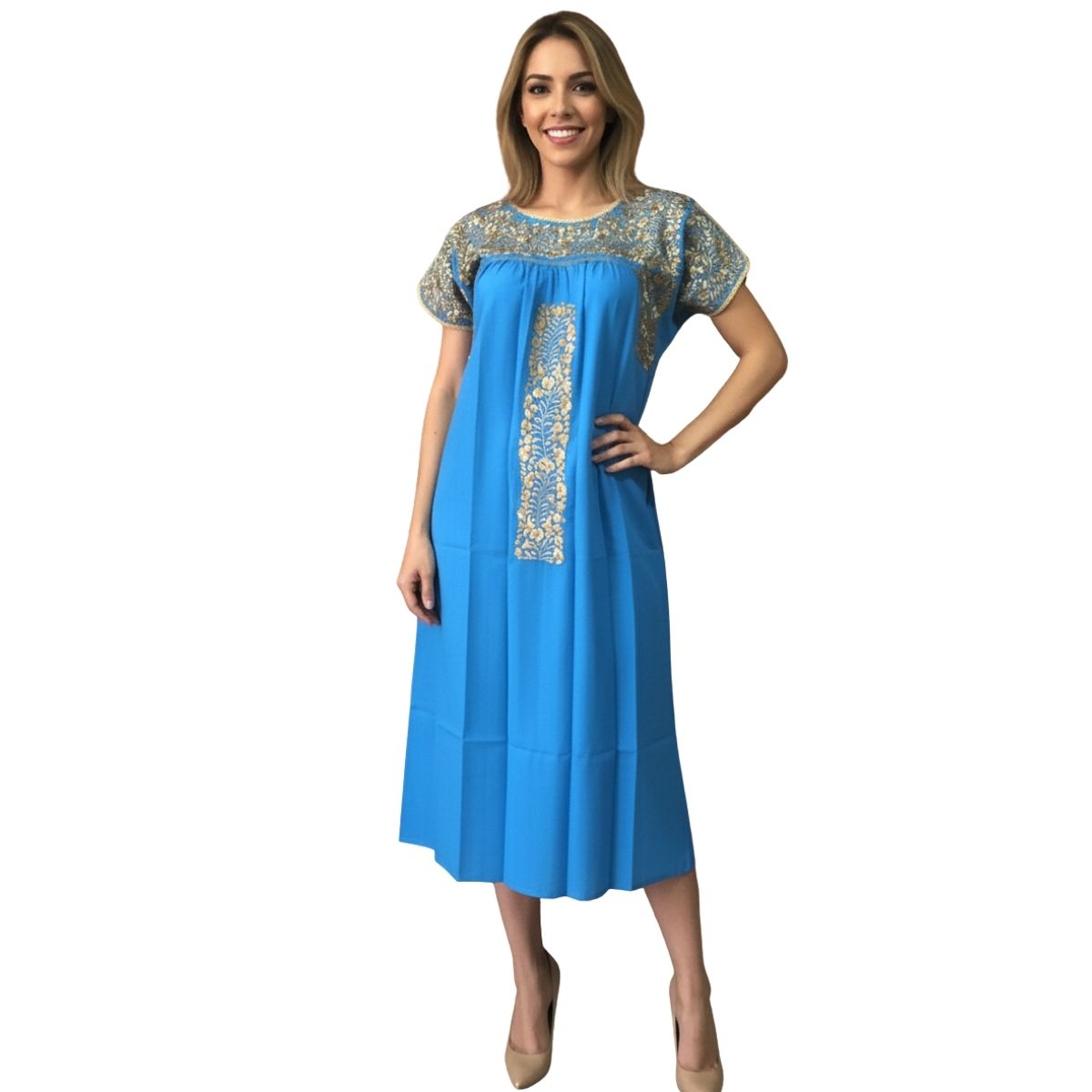 Vestido Bordado a Mano Turquesa con Dorado Mod. San Antonino Unitalla.
