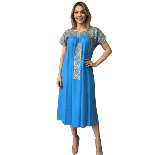 Vestido Bordado a Mano Turquesa con Dorado Mod. San Antonino Unitalla.
