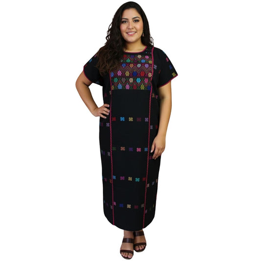 Vestido/Huipil Hecho a Mano Mod. Amuzgo 3 Tiras Negro con Multicolor Unitalla.