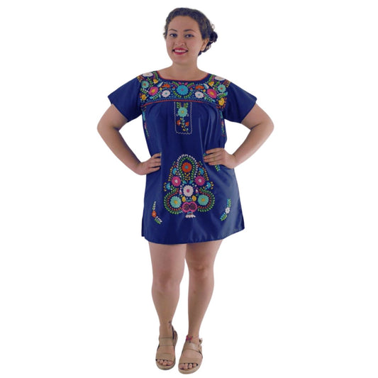 Minivestido Mexicano Bordado a Mano Multicolor/Popelina T-M