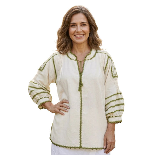 Blusa Tejida a Mano Mod. Bárbara Unitalla Beige con Olivo.